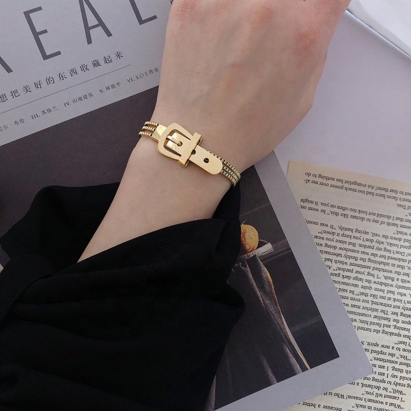 Minimalist punk jewelry women stainless steel 18k gold multi-layer belt buckle charm watch hand bangle bracelets
