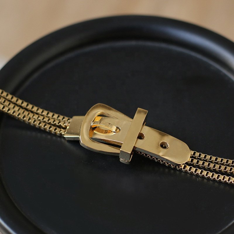 Minimalist punk jewelry women stainless steel 18k gold multi-layer belt buckle charm watch hand bangle bracelets