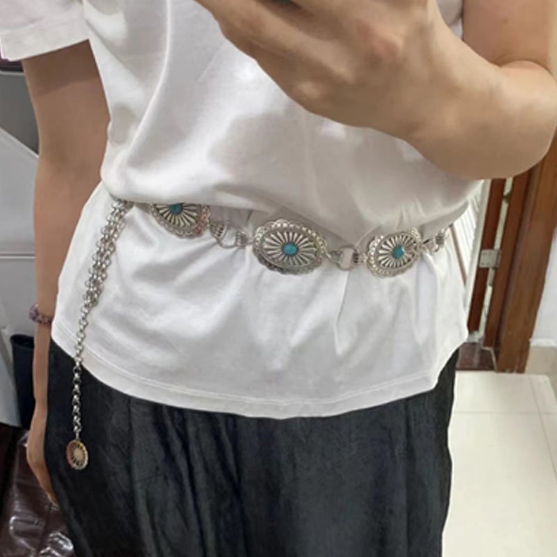 Wholesale Women's Western Oval Turquoise Stone Concho Chain Belt Retro Lady Jewelry