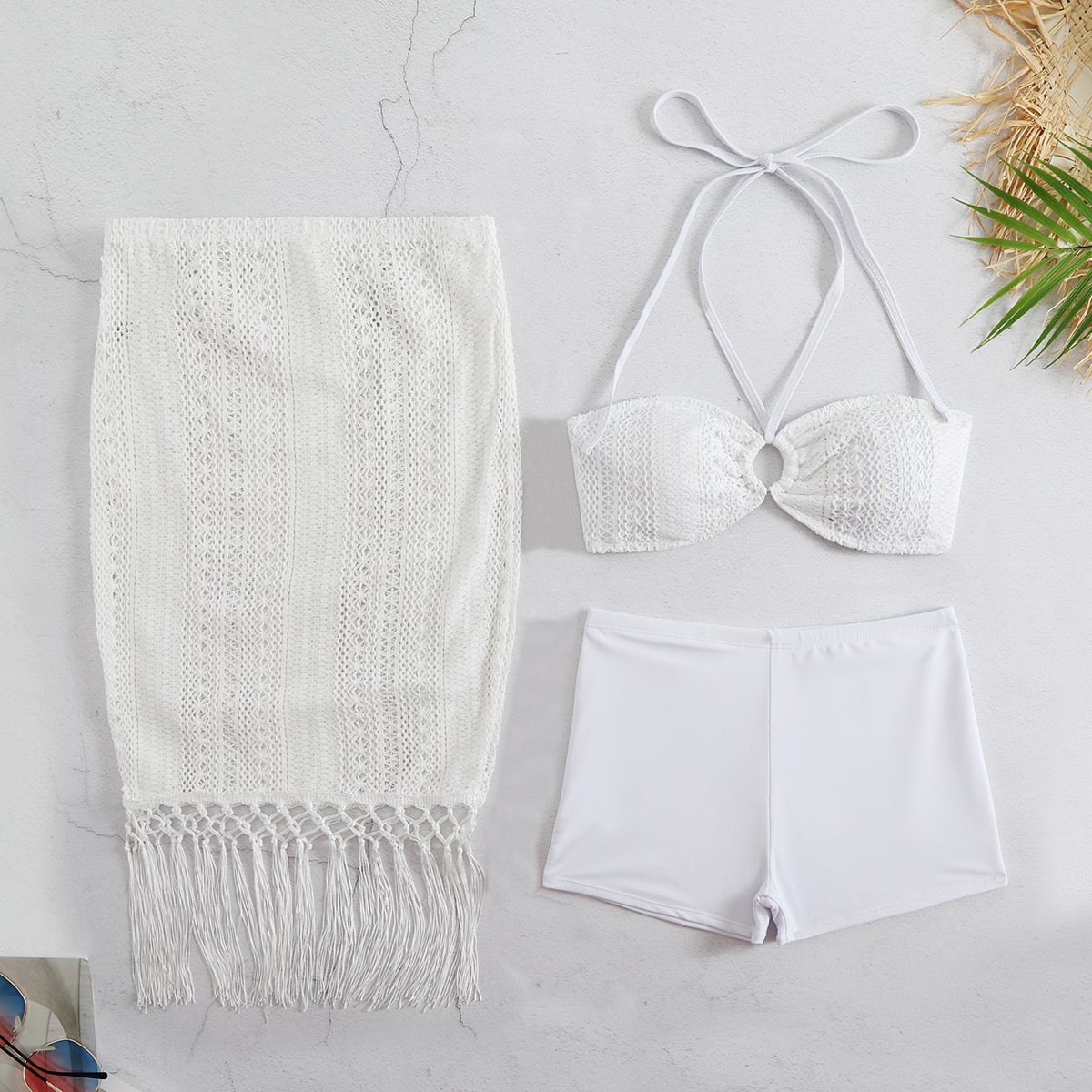 STOCK Lace Overlay Bandeau Women Swimwear 3Pieces Swimsuit Lace Skirt Tassel Cover Ups Boyleg Short Bikini