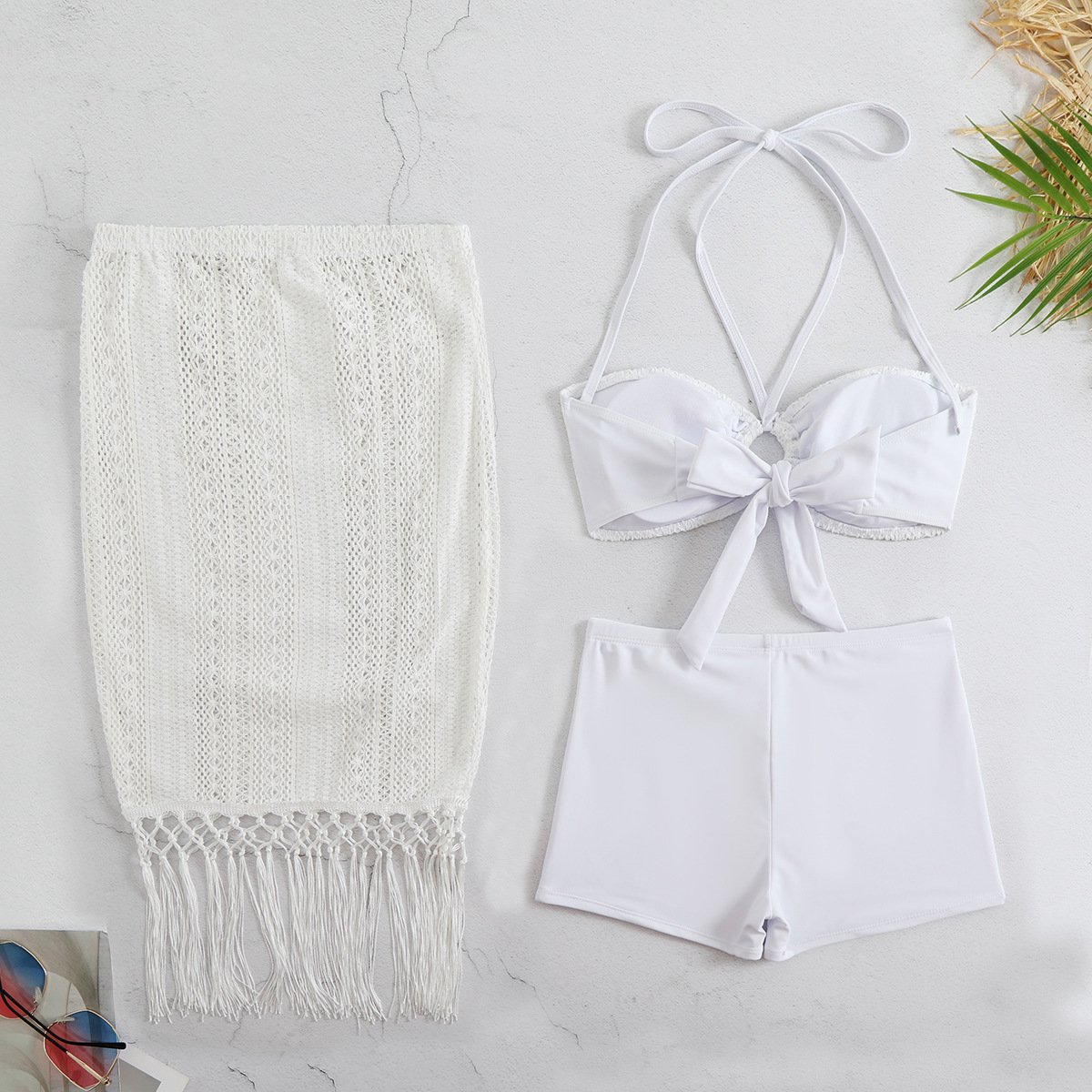 STOCK Lace Overlay Bandeau Women Swimwear 3Pieces Swimsuit Lace Skirt Tassel Cover Ups Boyleg Short Bikini