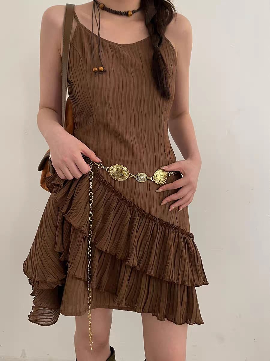 Adjustable Western Style Metal Waist Belt for Dresses Jeans - Women Concho Western Chain Belts - Gold - Skinny Waistband Chain
