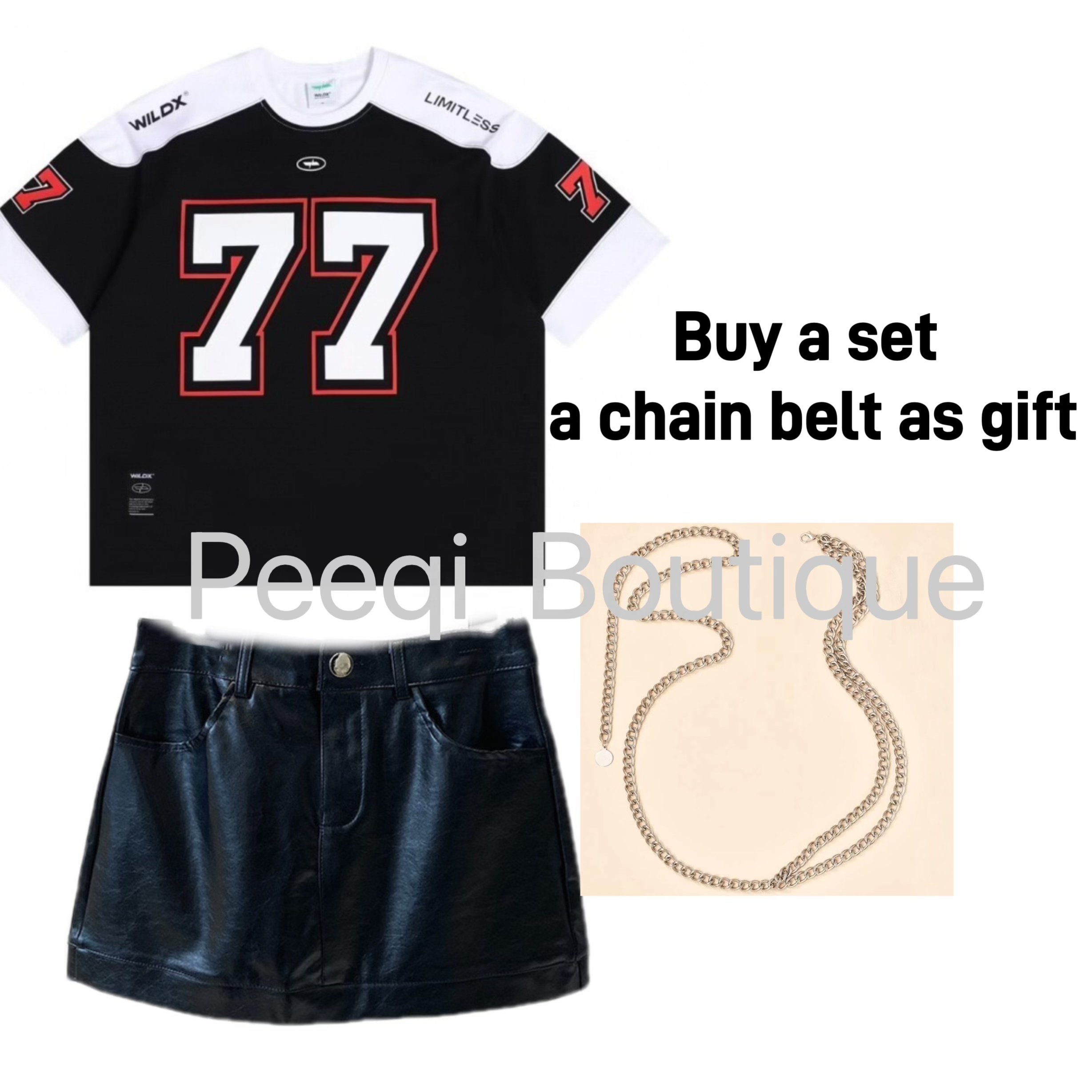 Peeqi Women Fashion Short Sleeve T-shirt Top and PU Leather mini Skirt and Chain Belt 3 Piece Set women casual Outfit streetwear