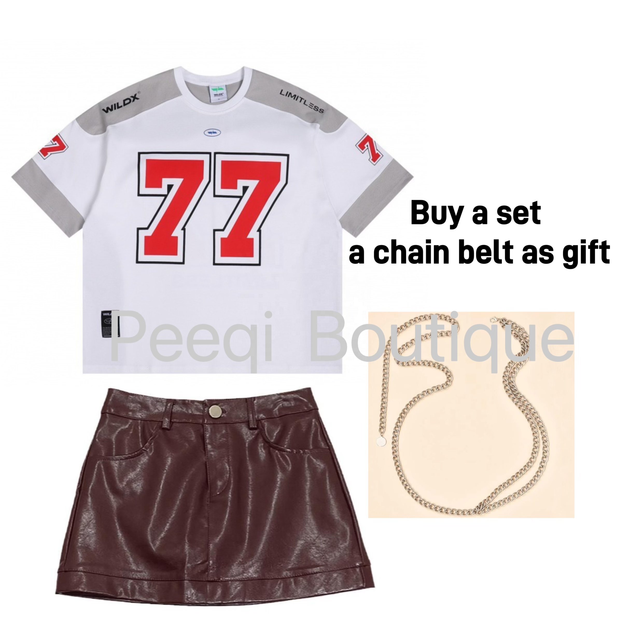 Peeqi Women Fashion Short Sleeve T-shirt Top and PU Leather mini Skirt and Chain Belt 3 Piece Set women casual Outfit streetwear