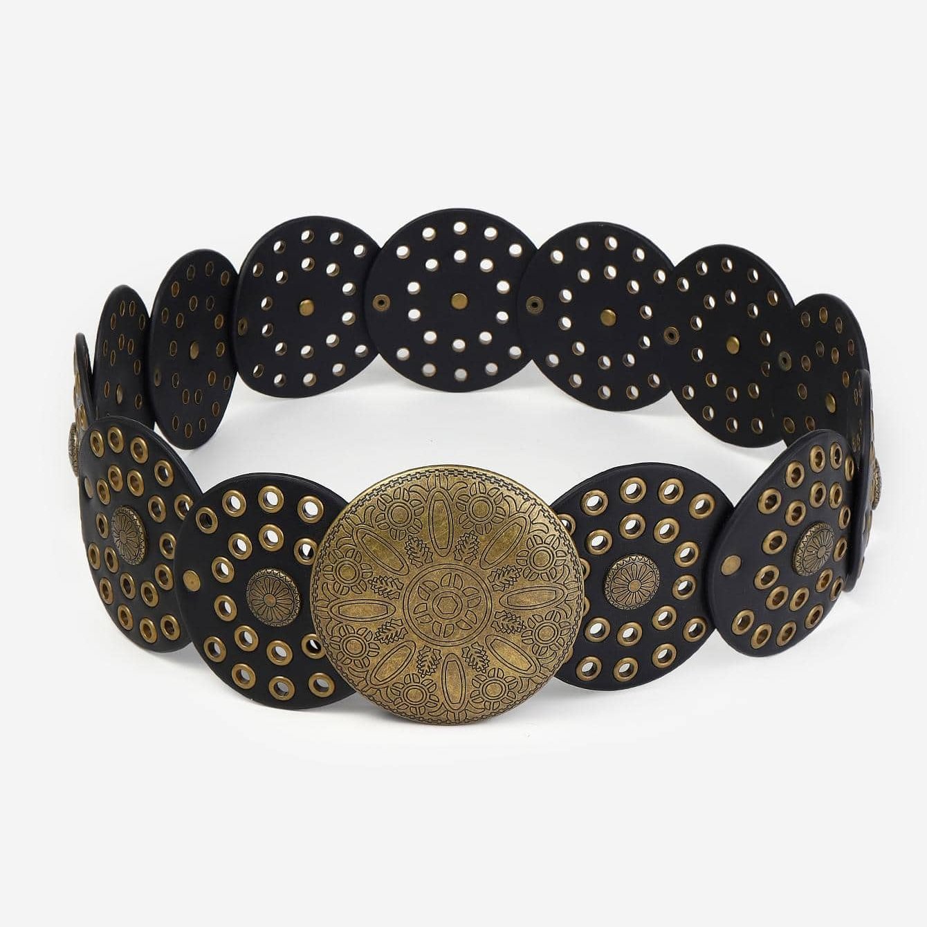 Hot Selling Customized black Vintage Western Style Hollow Out Round Disc Belt Fashion Ladies Belt