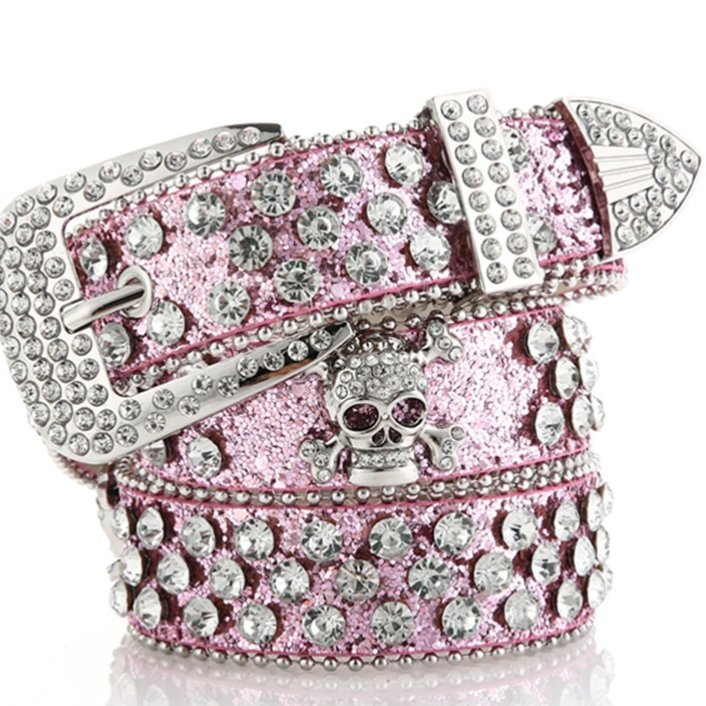 Factory wholesale Western Bling Bling Skull Head Rhinestone BB Belt Men Women Cowboy Crystal Leather Jean Diamond Belt