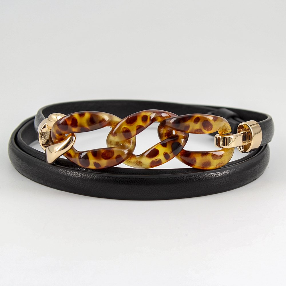 Exude Wild Elegance with This Chic Accessory Leopard Print Chain-Trimmed Skinny Belt