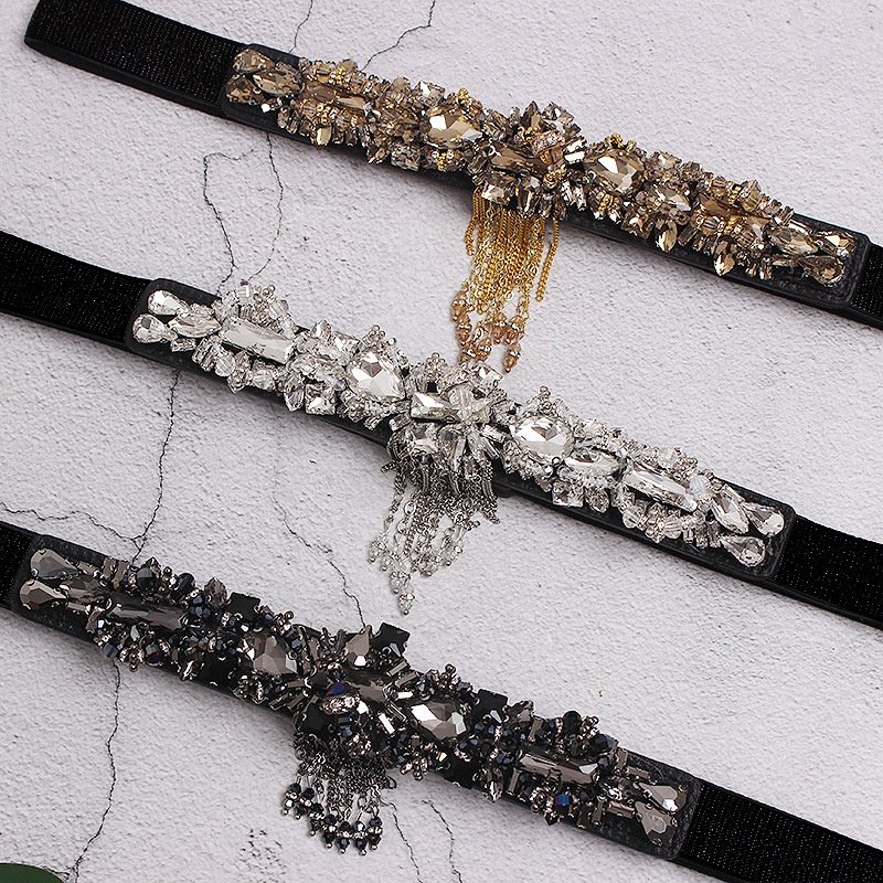 Fashion Style Ladies Dress Decoration Shiny Crystal Diamond Elastic Woman Rhinestone Belt with chain