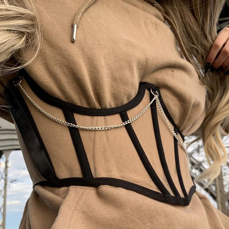 Women Fashion Transparent Mesh Wide Waist Belt With Chain Lace Up Waistband Girdle For Dresses Blouses