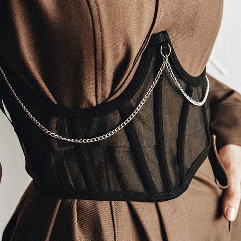 Women Fashion Transparent Mesh Wide Waist Belt With Chain Lace Up Waistband Girdle For Dresses Blouses