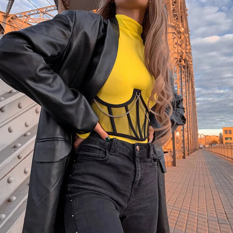 Women Fashion Transparent Mesh Wide Waist Belt With Chain Lace Up Waistband Girdle For Dresses Blouses