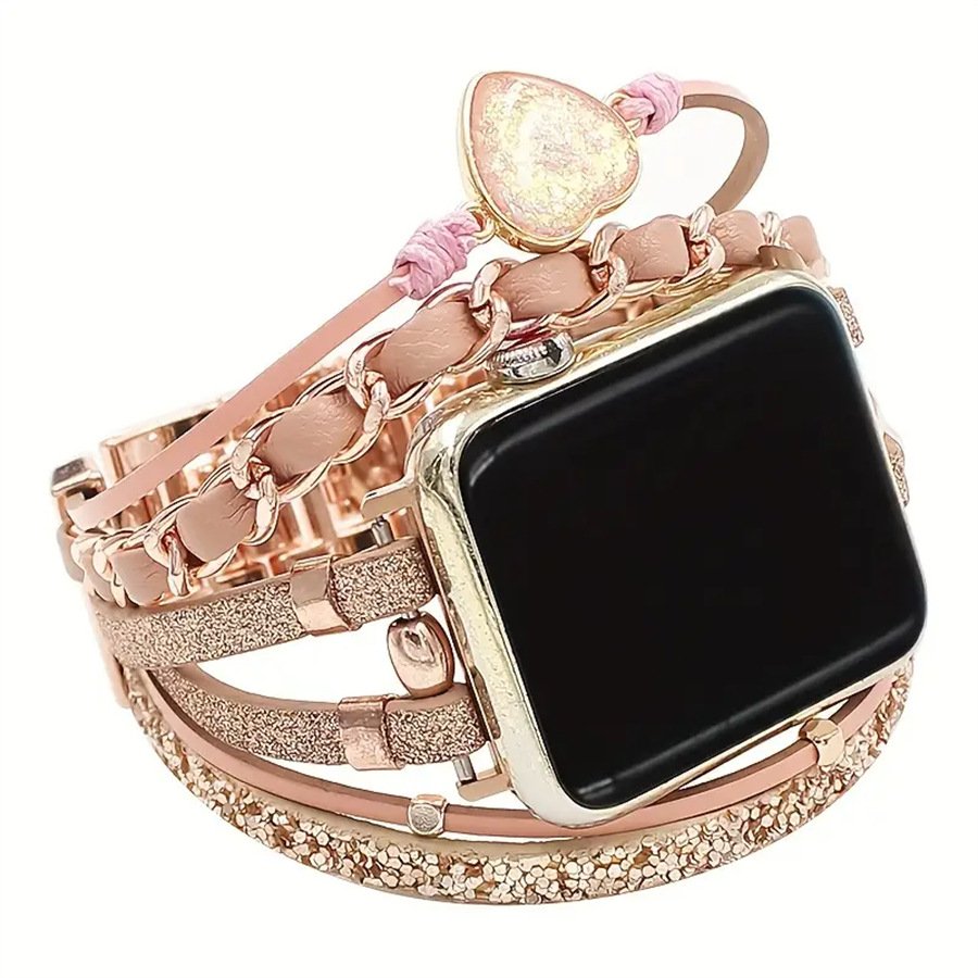 Fashion Luxury Heart Glitter Bracelet Bohemian Leather Watch Straps For Apple 49/45/44/42/40/38MM Women Metal Chain iWatch Band