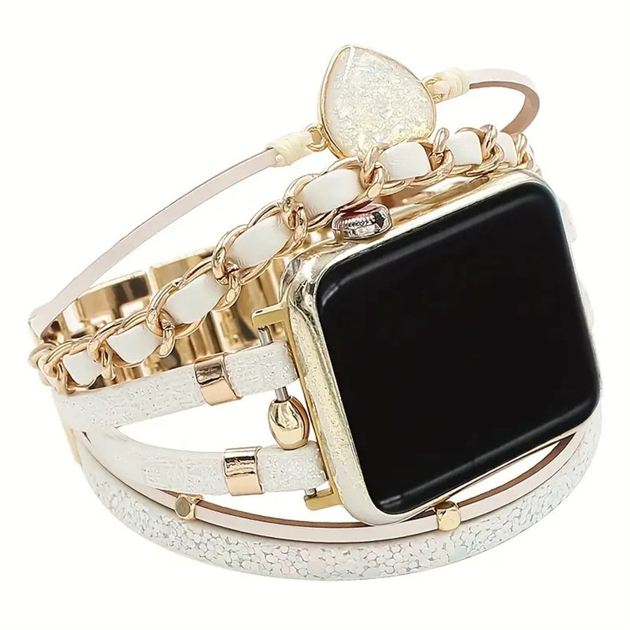 Fashion Luxury Heart Glitter Bracelet Bohemian Leather Watch Straps For Apple 49/45/44/42/40/38MM Women Metal Chain iWatch Band