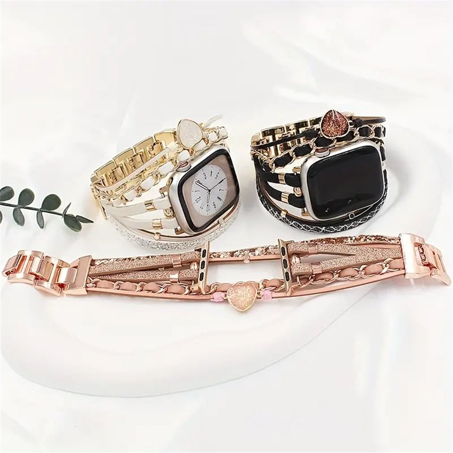 Fashion Luxury Heart Glitter Bracelet Bohemian Leather Watch Straps For Apple 49/45/44/42/40/38MM Women Metal Chain iWatch Band