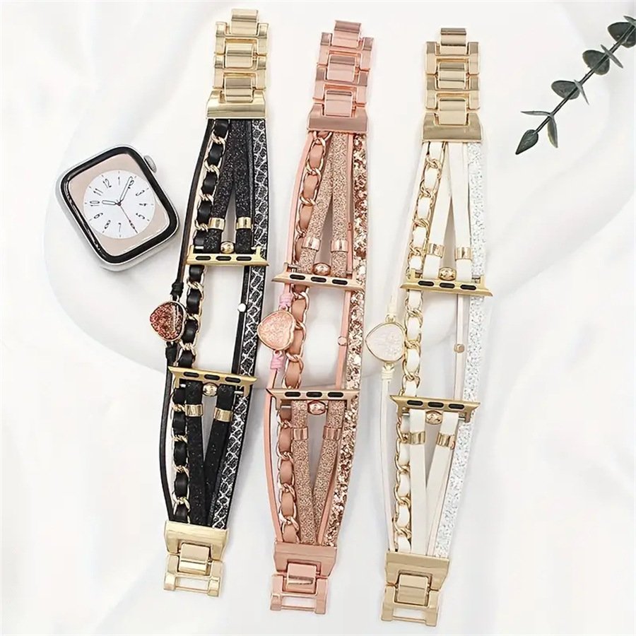 Fashion Luxury Heart Glitter Bracelet Bohemian Leather Watch Straps For Apple 49/45/44/42/40/38MM Women Metal Chain iWatch Band