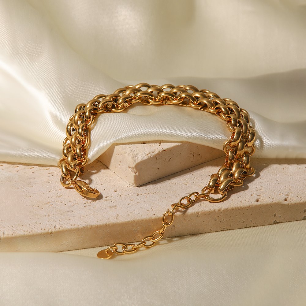 New Trendy 18k Gold Plated Fashion Stainless Bangles Steel Jewelry Fine Three Layer Wide Thick Belt Bracelet for Women