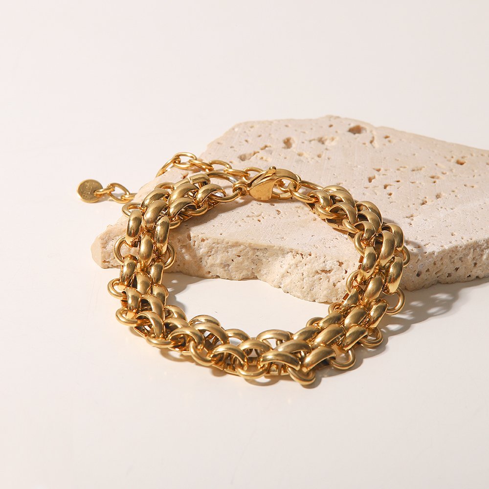 New Trendy 18k Gold Plated Fashion Stainless Bangles Steel Jewelry Fine Three Layer Wide Thick Belt Bracelet for Women