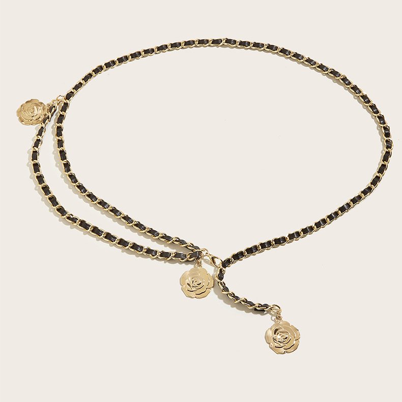 Adjustable Elastic Female Waist Chain with Three Tea Flowers Metal and Plastic Accessory for Clothing for Senior and Trousers