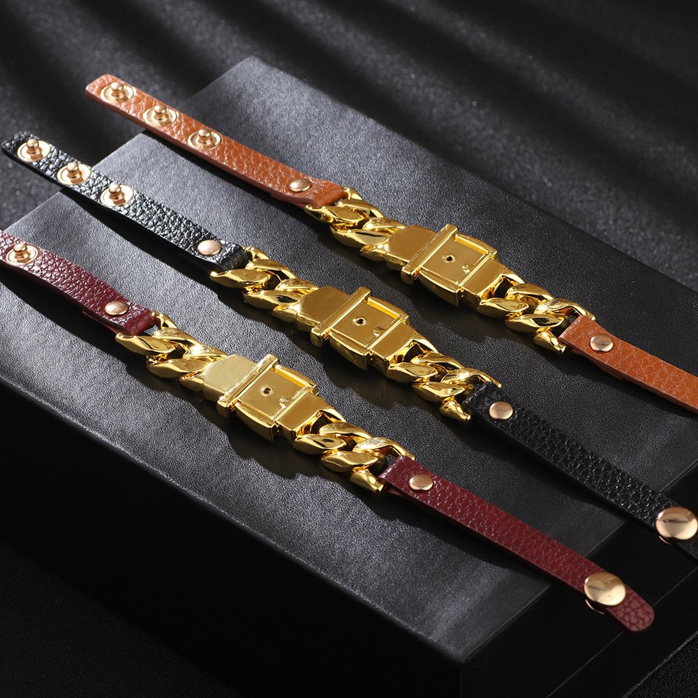 Qinuo creative new women's leather bracelet personalized mini alloy chain belt buckle adjustable snap