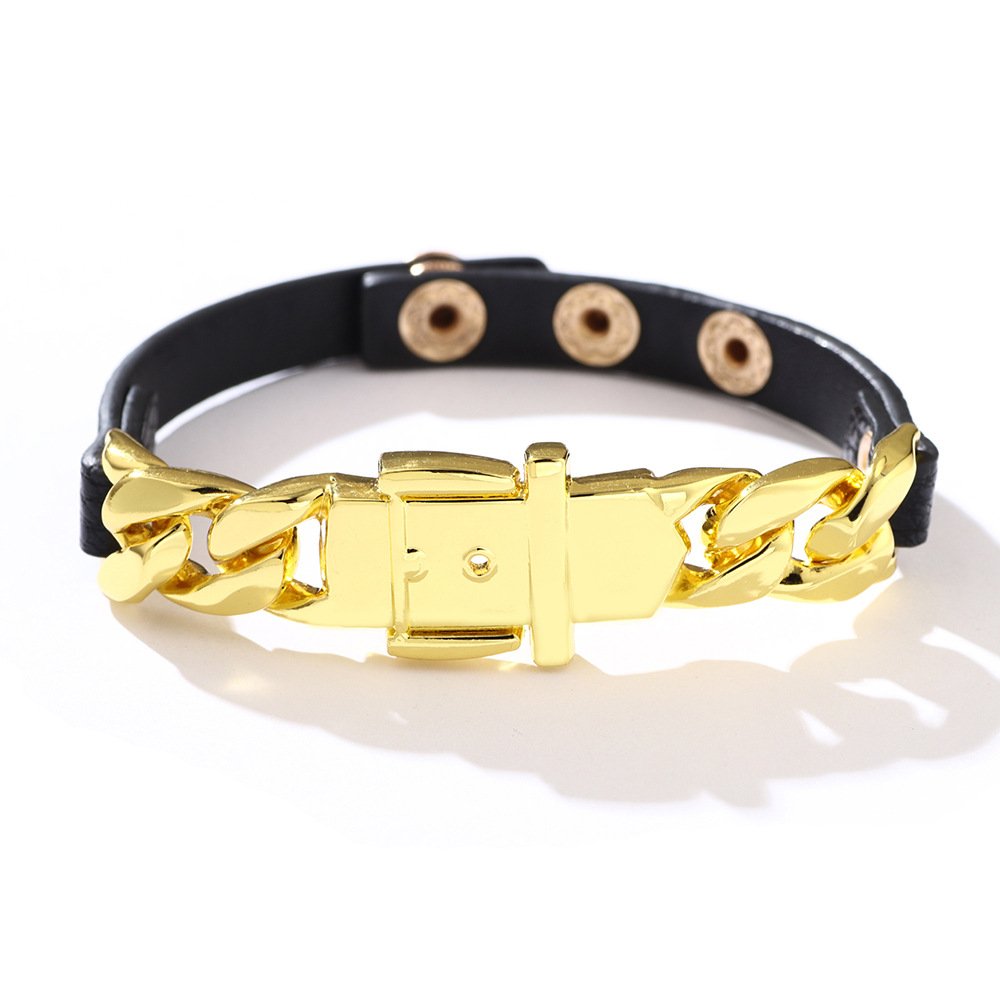 Qinuo creative new women's leather bracelet personalized mini alloy chain belt buckle adjustable snap