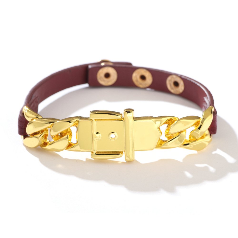 Qinuo creative new women's leather bracelet personalized mini alloy chain belt buckle adjustable snap