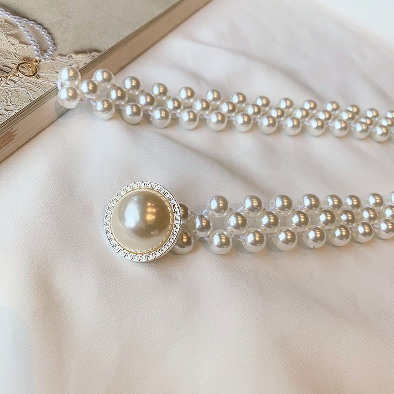 Large Pearl and Diamond Inlaid Elastic Waist Chain for Ladies Beaded Plastic Belt for Female Skirt Decorations