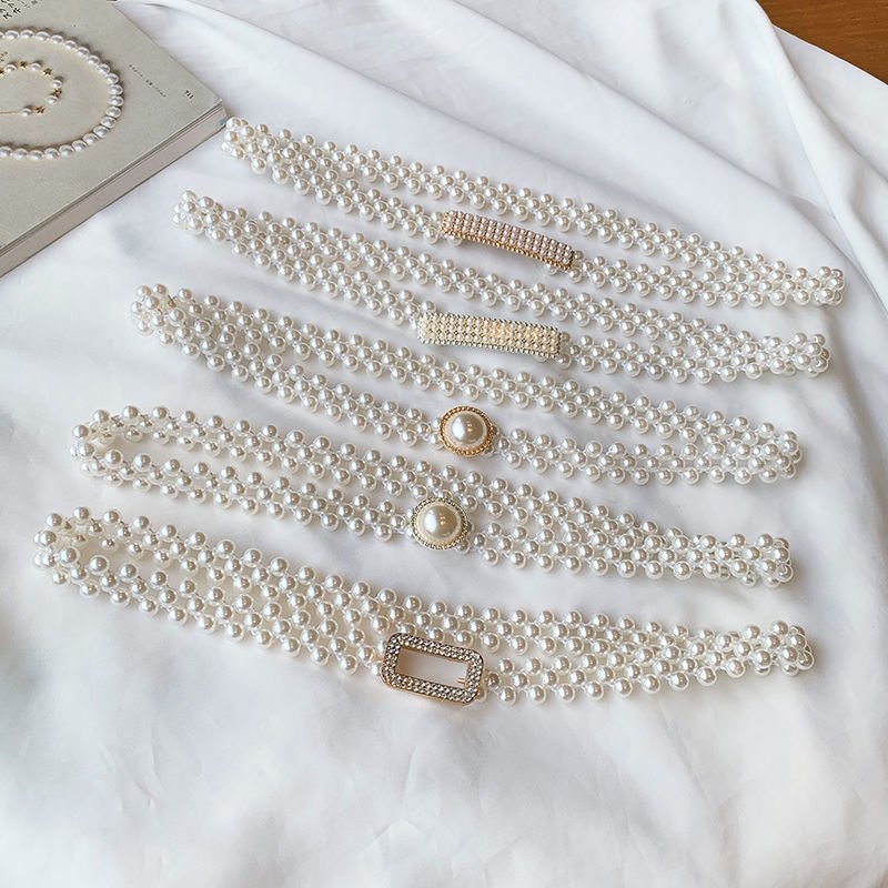 Large Pearl and Diamond Inlaid Elastic Waist Chain for Ladies Beaded Plastic Belt for Female Skirt Decorations