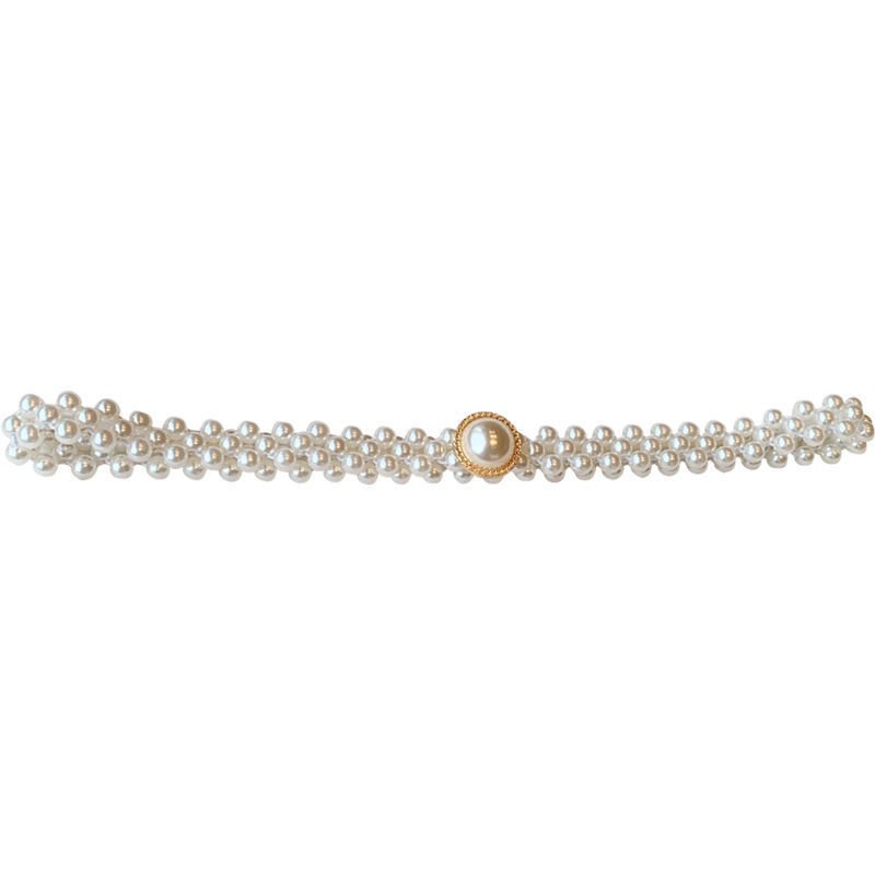 Large Pearl and Diamond Inlaid Elastic Waist Chain for Ladies Beaded Plastic Belt for Female Skirt Decorations