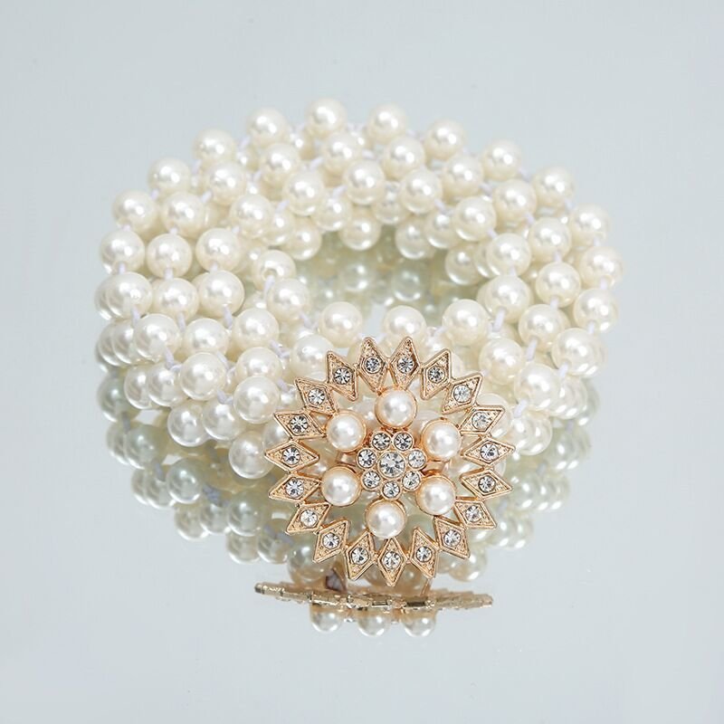 Large Pearl and Diamond Inlaid Elastic Waist Chain for Ladies Beaded Plastic Belt for Female Skirt Decorations