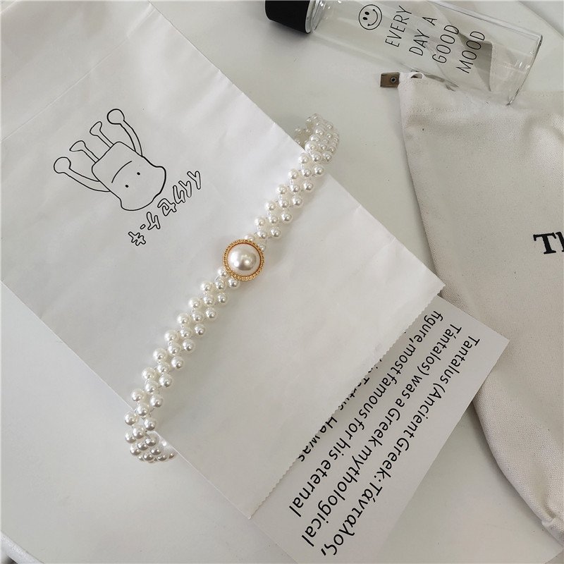 Large Pearl and Diamond Inlaid Elastic Waist Chain for Ladies Beaded Plastic Belt for Female Skirt Decorations
