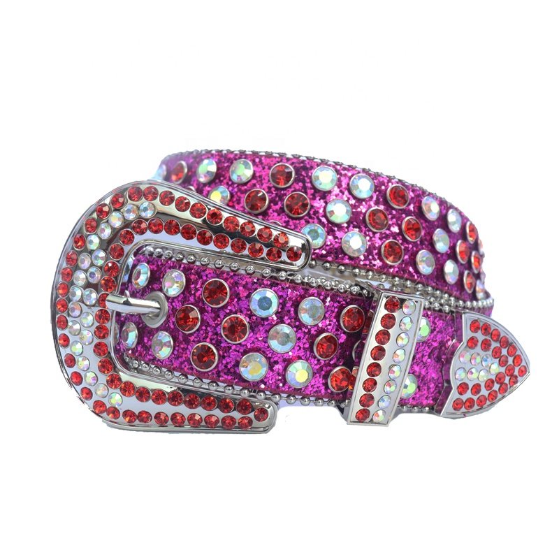 Hot Pink Bling Western BB pu Leather Belt with Red Crystal Stone Fashionable Alloy Buckle for Men and Women