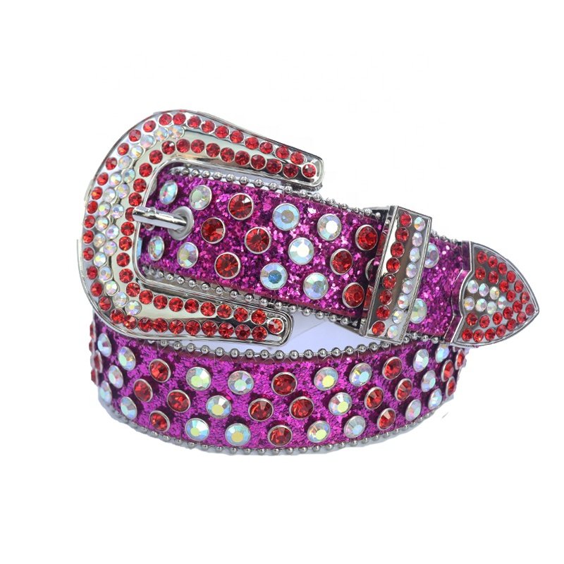 Hot Pink Bling Western BB pu Leather Belt with Red Crystal Stone Fashionable Alloy Buckle for Men and Women