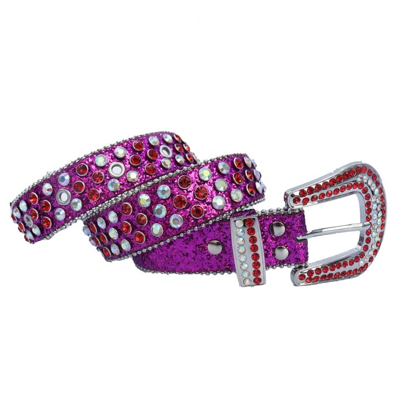 Hot Pink Bling Western BB pu Leather Belt with Red Crystal Stone Fashionable Alloy Buckle for Men and Women