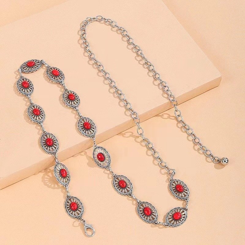 Women's Beaded Belt Alloy Inlaid Turquoise Waist Chain Bohemian Style Handmade Beaded Belt