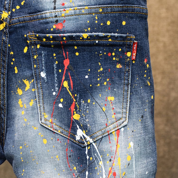Hot Sale New Men Leisure Biker Jeans Wild Embroidery Printing Badge Trousers Spray Paint Hole Slim Fit Pants