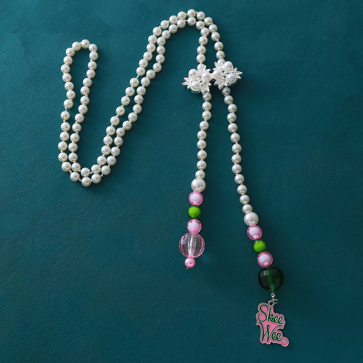 Fancy Designer Size Adjustable Sorority Pink And Green Tone Design White Pearl Beaded Greek Alpha SkeeWee Body Waist Chain Belt