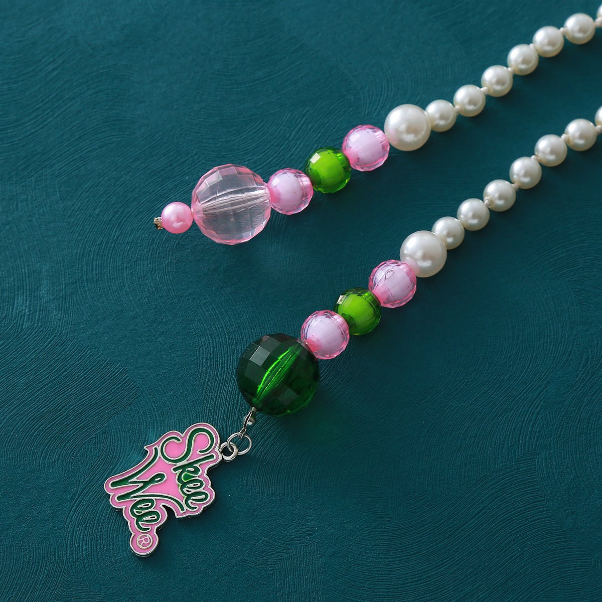 Fancy Designer Size Adjustable Sorority Pink And Green Tone Design White Pearl Beaded Greek Alpha SkeeWee Body Waist Chain Belt