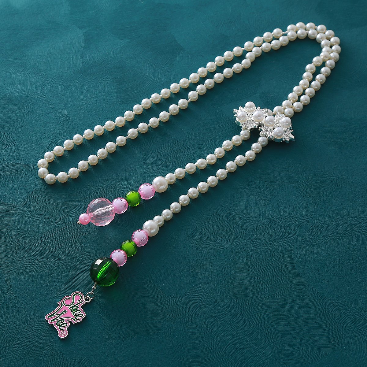 Fancy Designer Size Adjustable Sorority Pink And Green Tone Design White Pearl Beaded Greek Alpha SkeeWee Body Waist Chain Belt