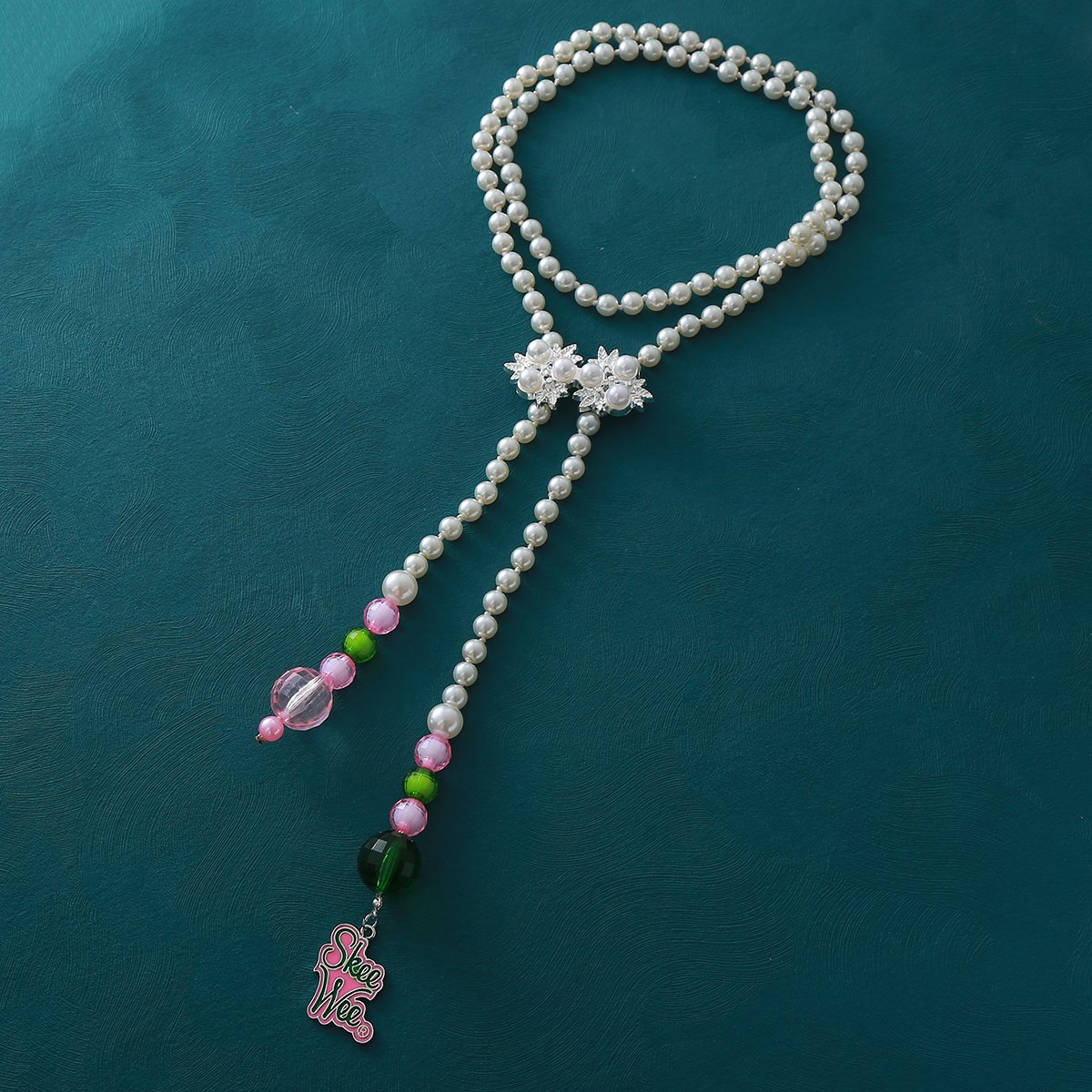 Fancy Designer Size Adjustable Sorority Pink And Green Tone Design White Pearl Beaded Greek Alpha SkeeWee Body Waist Chain Belt