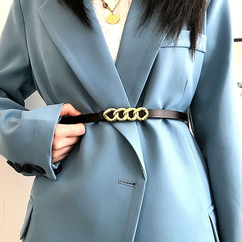 Casual Fashion Ladies PU Belt With Golden Chain Snap Buckle Alloy Material Belt