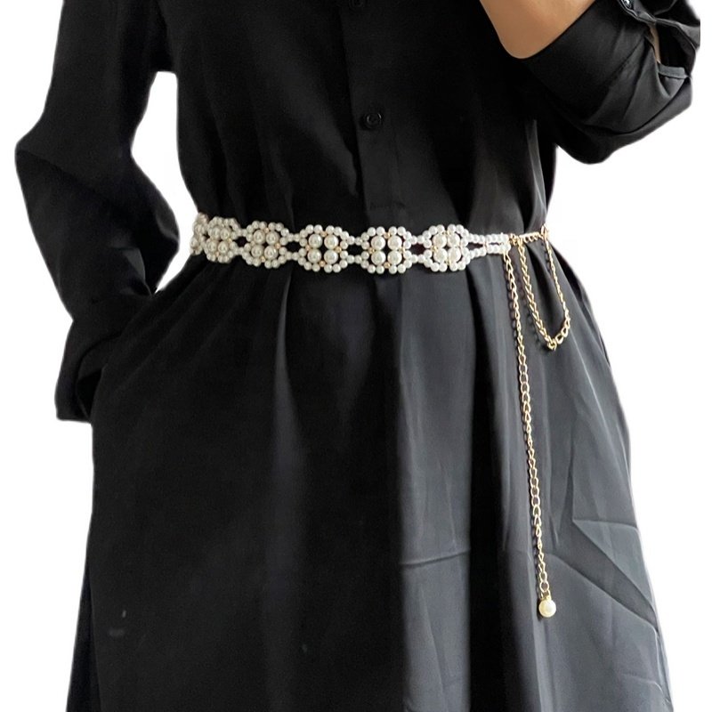 Fashion versatile sweet decorative pearl waist chain ladies waist hanging chain wide belt