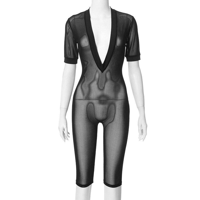 STOCK Deep V-NECK Women's Romper Bodycon Mesh See Through Jumpsuit Transparent Boyleg Short Casual Streetwear