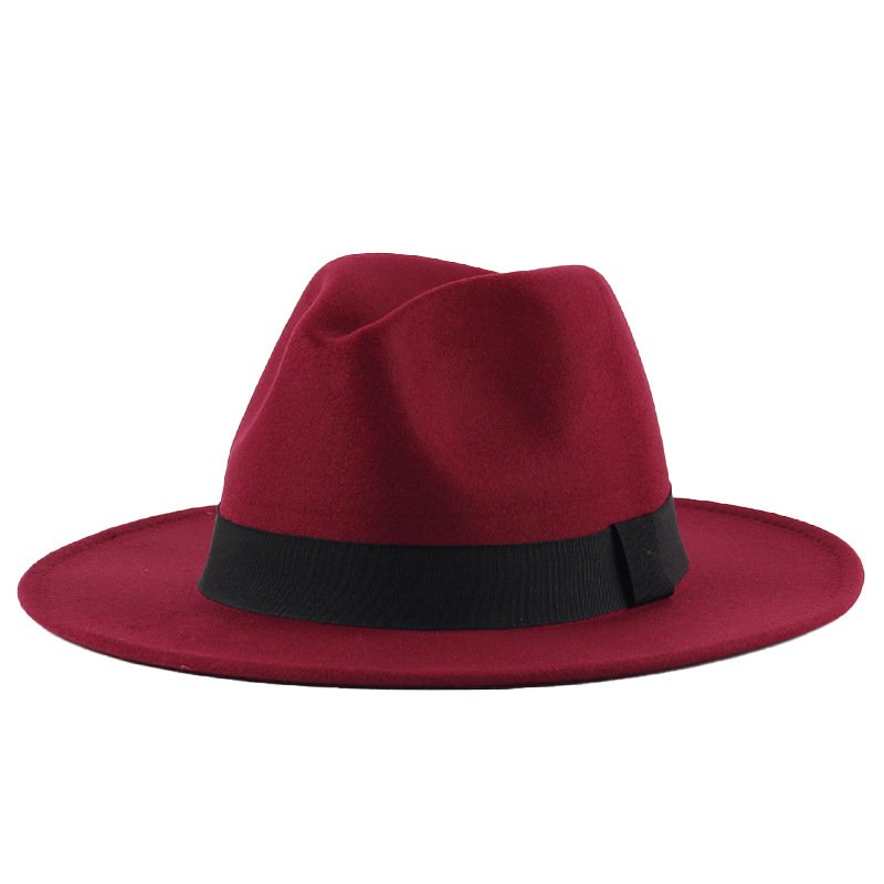 Flat Brimmed Tweed Bowler Hat Solid Color English Jazz Felt Hat Metal Chain Decoration