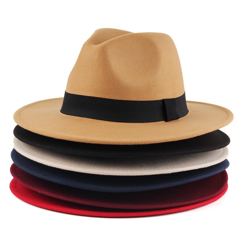 Flat Brimmed Tweed Bowler Hat Solid Color English Jazz Felt Hat Metal Chain Decoration