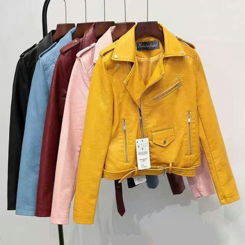 Women Motorcycle Cropped Jackets Faux Leather Biker Short Blazer PU Belted Zip Up Streetwear Waterproof Coat Moto Jacket