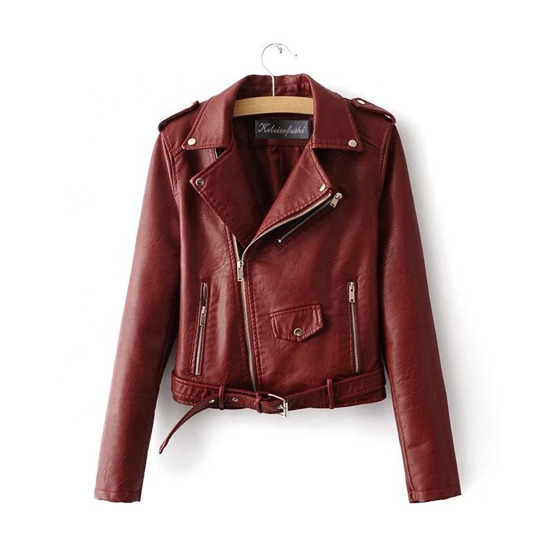 Women Motorcycle Cropped Jackets Faux Leather Biker Short Blazer PU Belted Zip Up Streetwear Waterproof Coat Moto Jacket