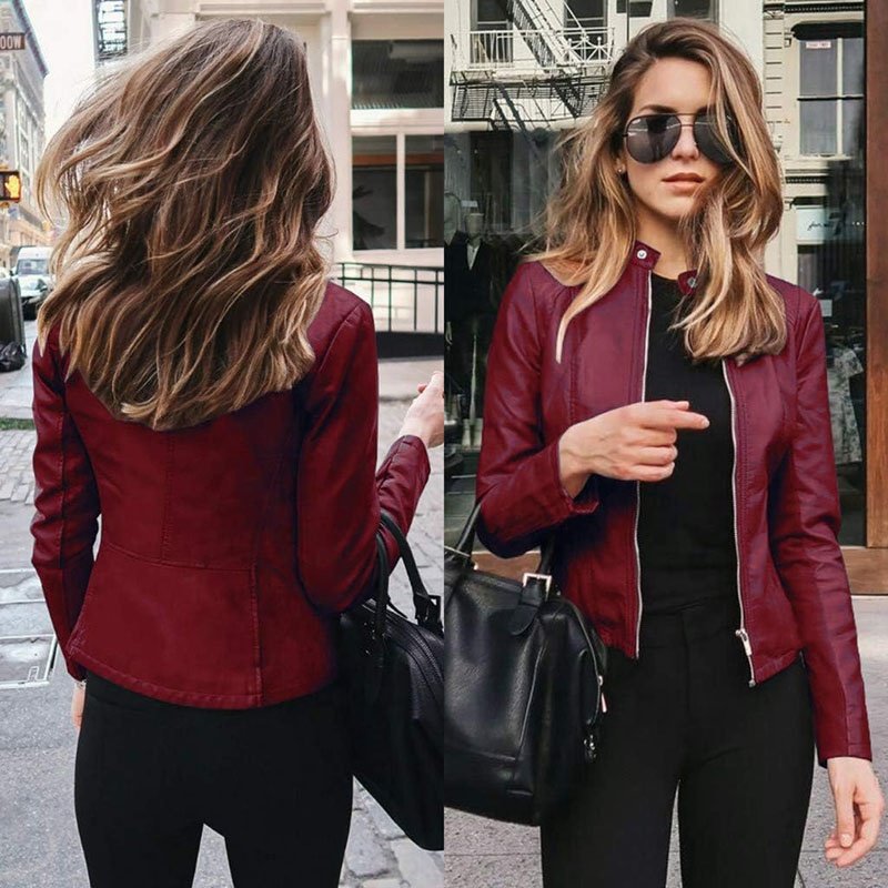 Women Motorcycle Cropped Jackets Faux Leather Biker Short Blazer PU Belted Zip Up Streetwear Waterproof Coat Moto Jacket