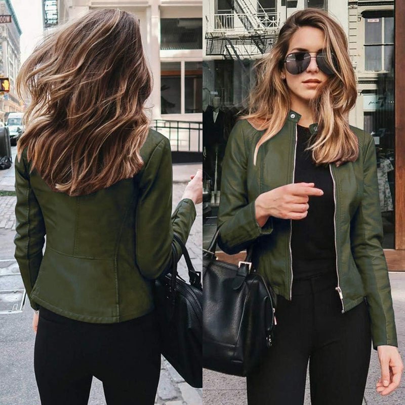 Women Motorcycle Cropped Jackets Faux Leather Biker Short Blazer PU Belted Zip Up Streetwear Waterproof Coat Moto Jacket
