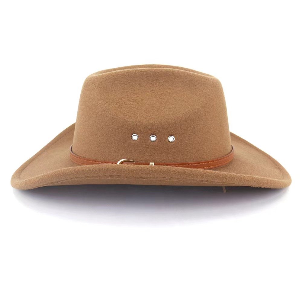Hot wholesale western cowboy hats unisex felt side air hole fedora cowboy hats with belt
