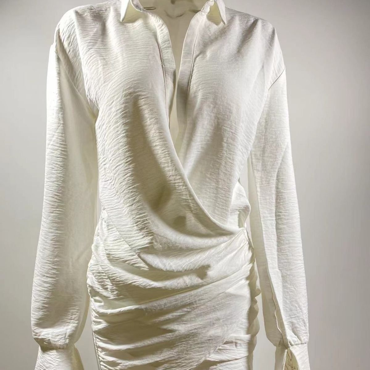 STOCK Deep V-NECK Women Sexy Long Sleeve Mini Dresses Fashion Daily Casual Outfits Cotton Linen Draped Shirt Dress